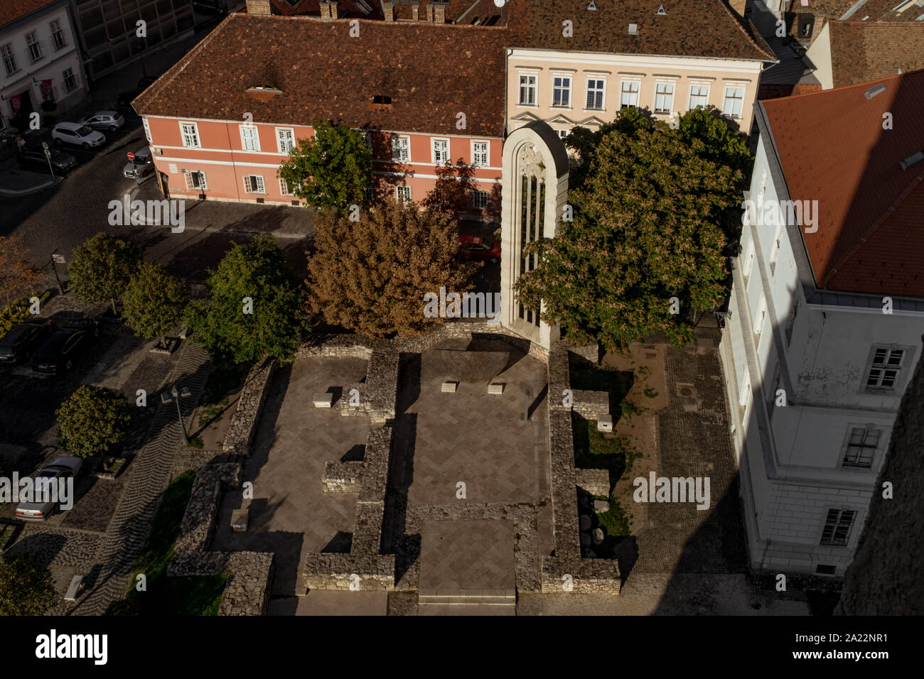 Areal view of ruins of Church of Saint Mary Magdalene and coronation mantle of Hungarian kings. Stock Photo