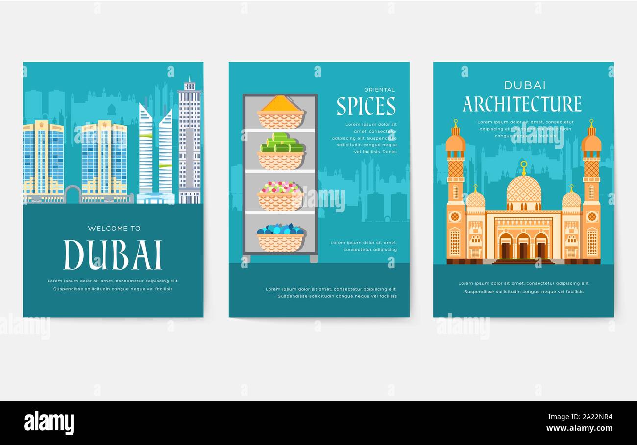 Dubai vector brochure cards set. Country template of flyear, magazines Dubai vector brochure cards set. Country template of flyear, magazines