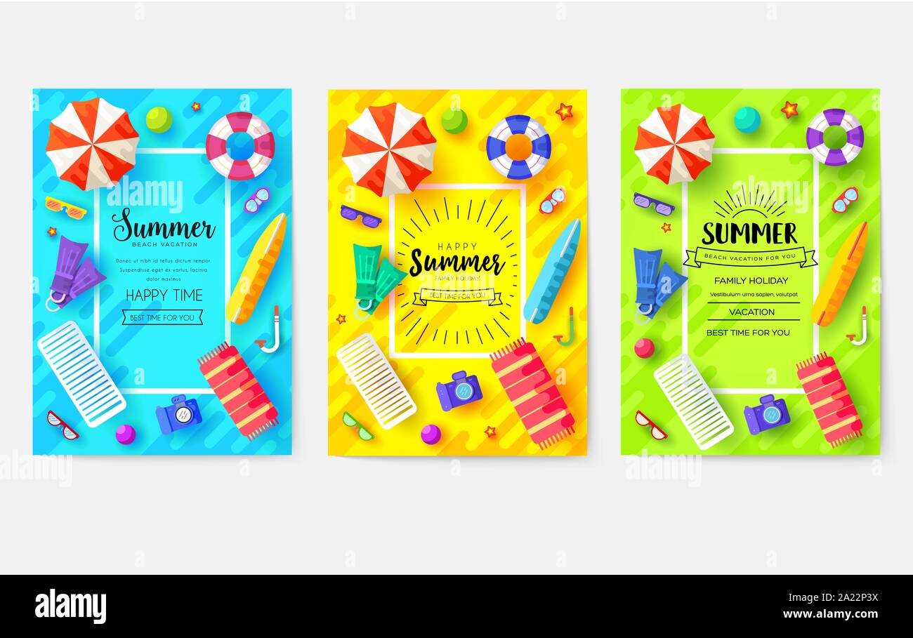 summer vecetion time vector brochure cards set. Ecology template of flyear, magazines, poster, book cover, banners. Outdoor invitation concept background. Layout illustration modern page background. Stock Vector