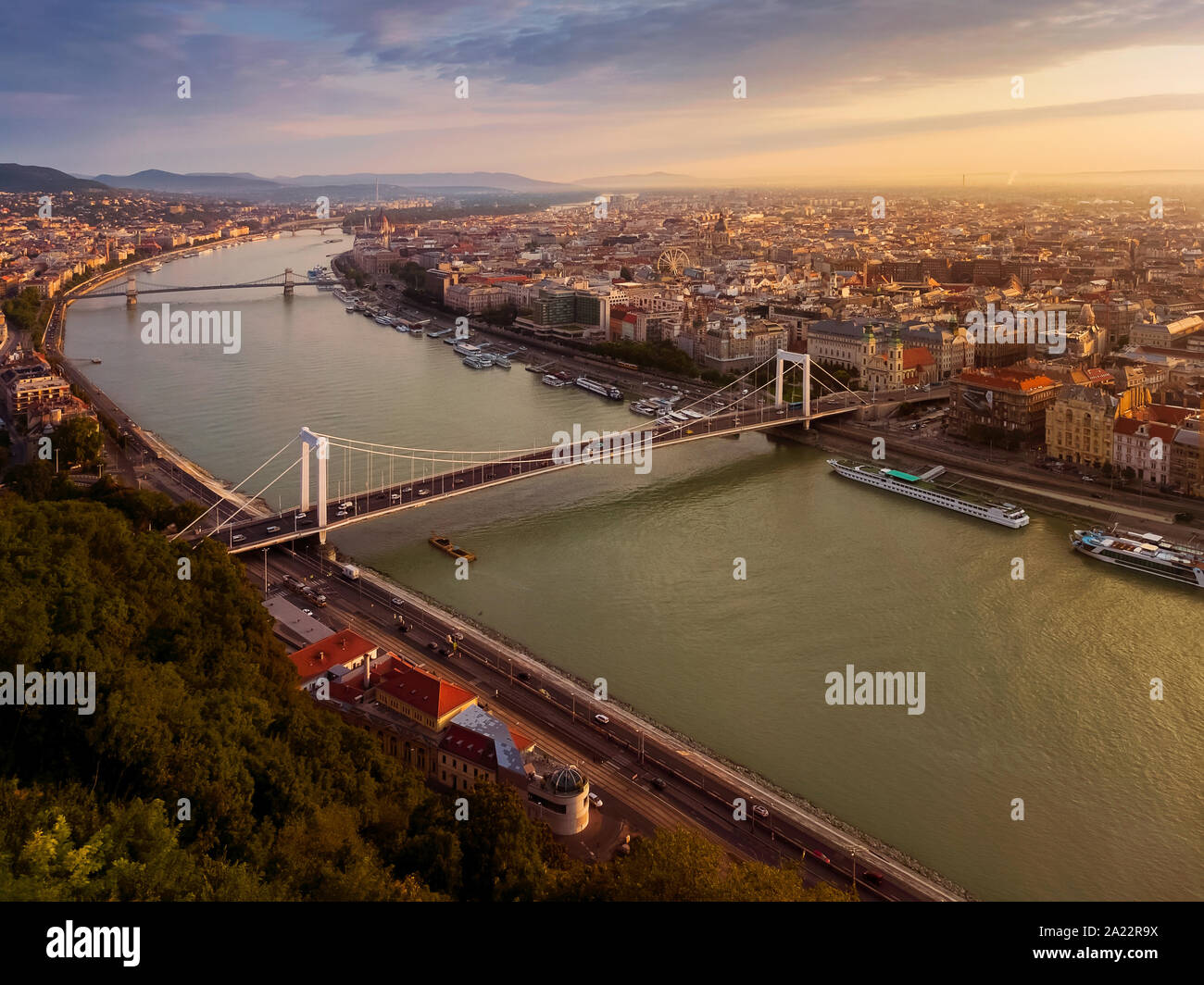 Amazing morning lights over Budapest. Included Danube river, Elizabeth bridge and Szechenyi Chain bridge. Hungary. Stock Photo