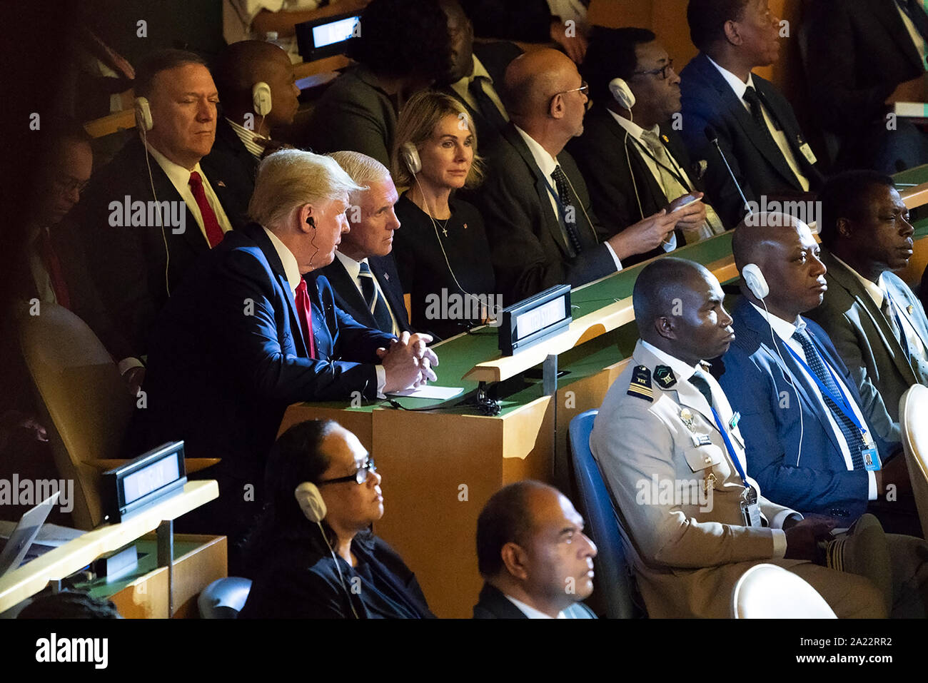 U.S. President Donald Trump, Vice President Mike Pence, U.S. Ambassador to the U.N. Kelly Craft, and Secretary of State Mike Pompeo at the United Nations Climate Action Summit, September 23, 2019. Stock Photo