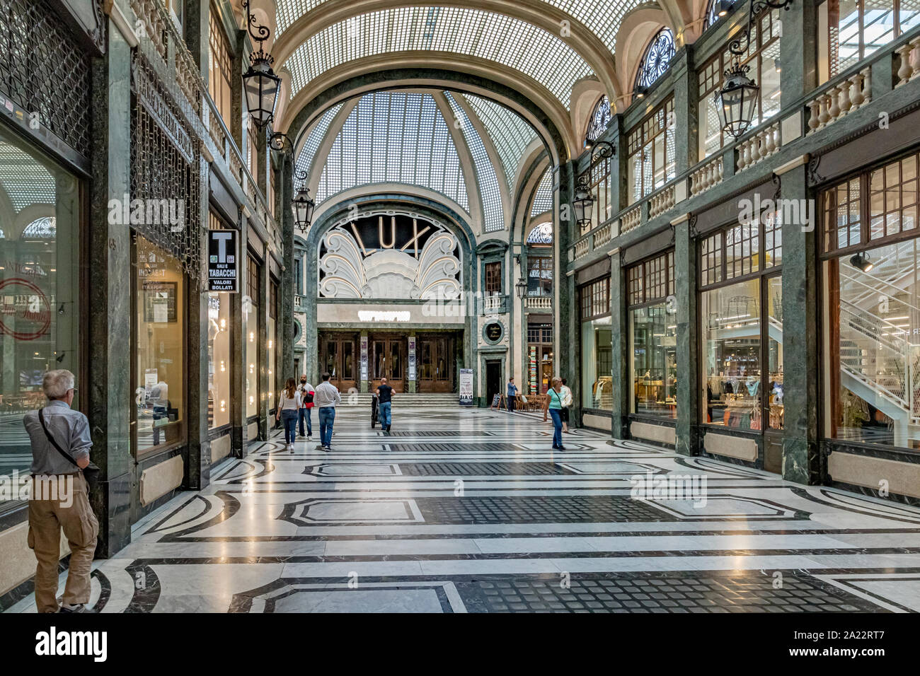 The art deco Lux cinema  inside the beautiful glass ceilinged arcade Galleria San Federico in Turin ,Italy Stock Photo