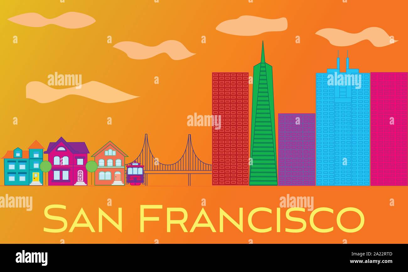 San Francisco yellow lettering. Vector with skyscrapers, cable car and golden gate bridge on orange background.. Stock Vector