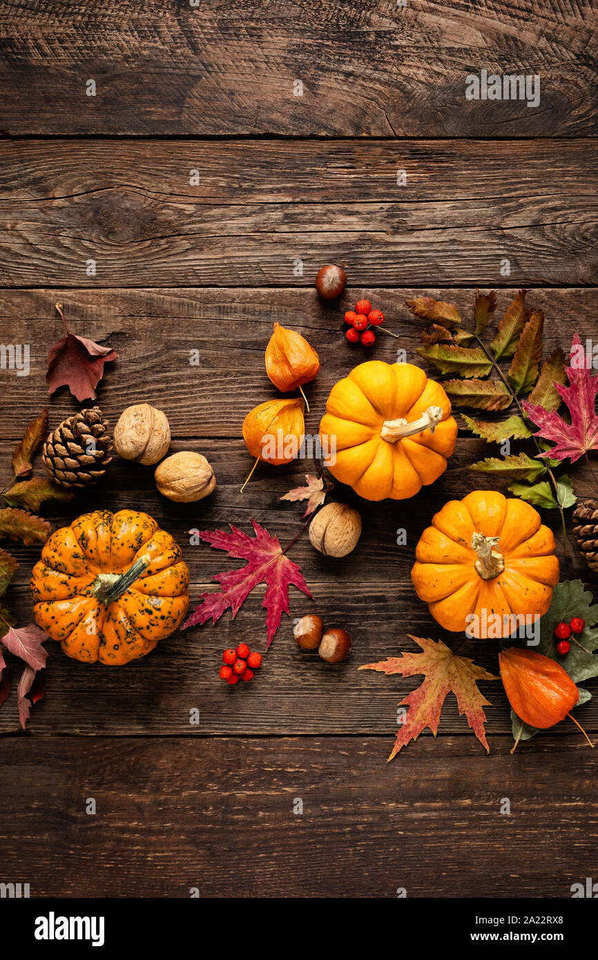 Autumn decorative pumpkins with fall leaves on wooden background. Thanksgiving or halloween holiday, harvest concept. Top view, copy space. Greeting c Stock Photo