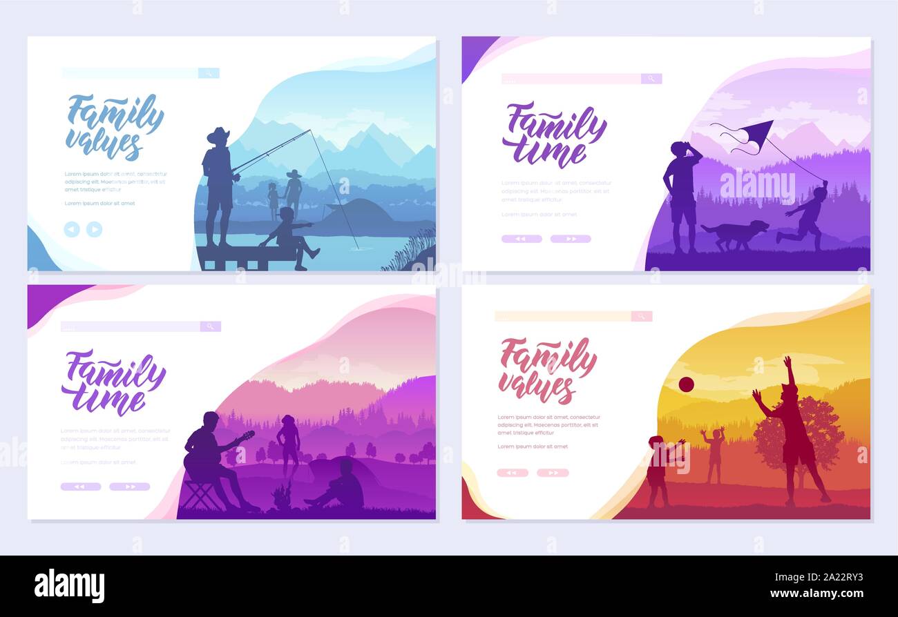 family vacation with children in nature brochure cards set. Friendly resorts template of flyear, web banner, ui header, enter site. Invitation concept background. Layout modern slider Stock Vector