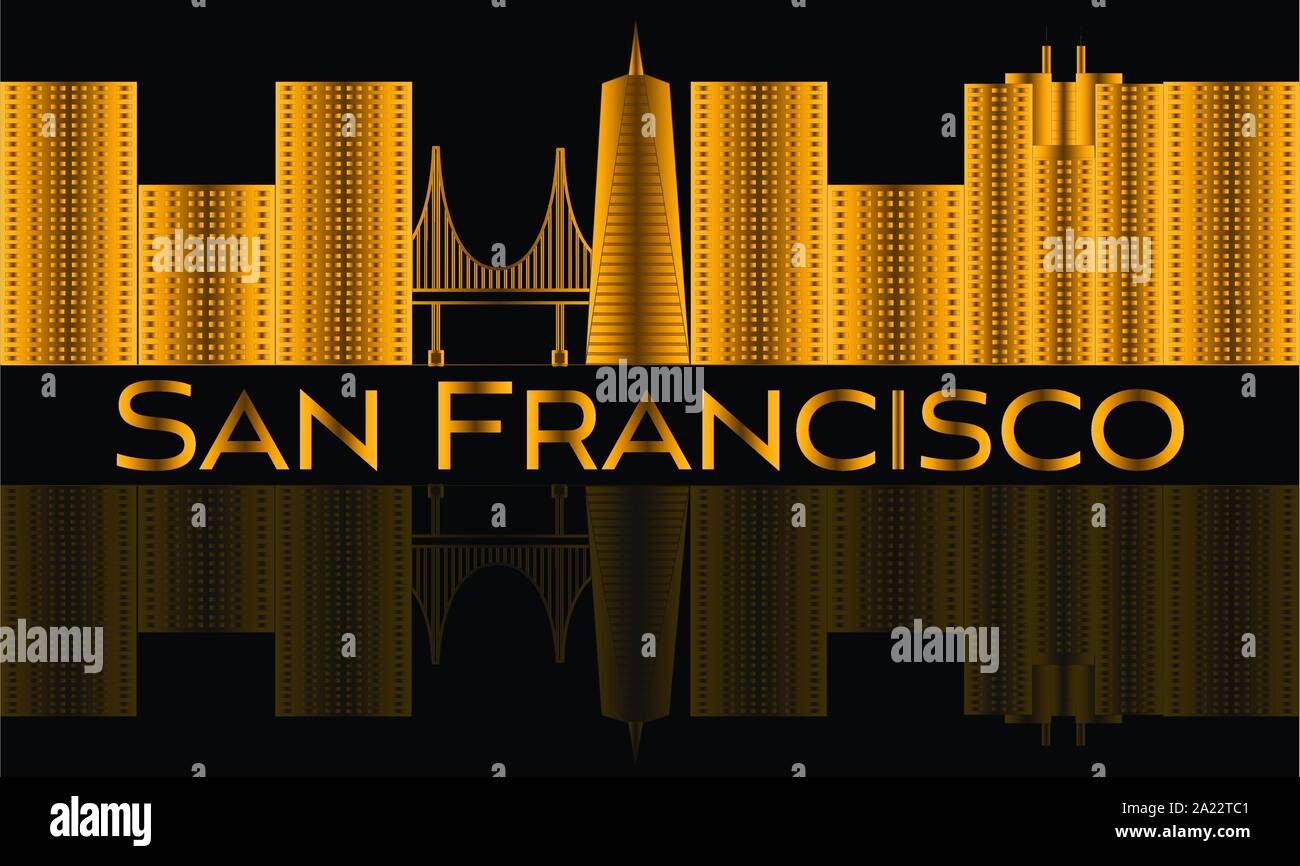 San Francisco gold lettering. Vector with skyscrapers and golden gate bridge .. Stock Vector