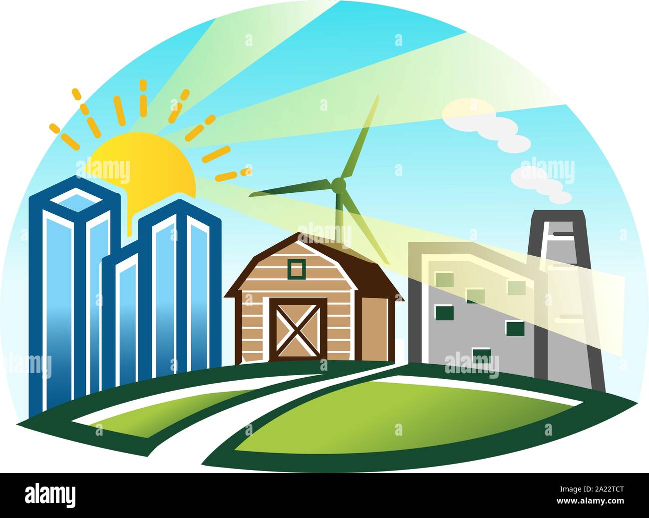 Rural Landscape View Of Farm Barn Factory And Building