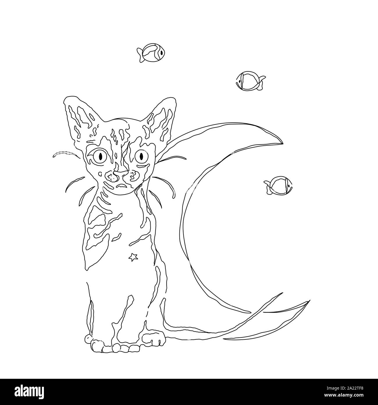 Hand drawn illustration. Cat and the moon, dreaming of fishes/ night Stock Photo