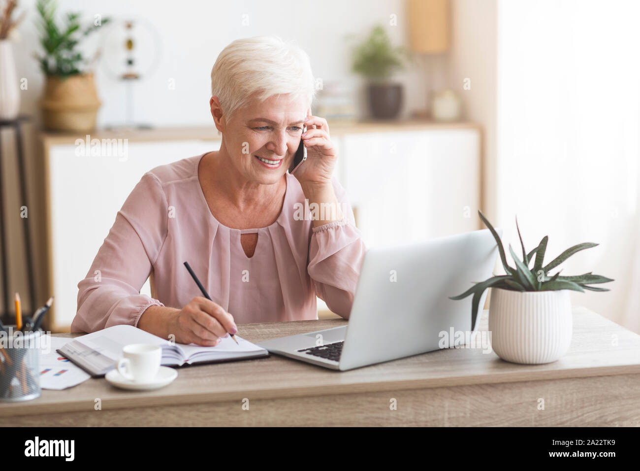 Senior business woman working from home, discussing project with client, making notes in front of laptop, panorama with empty space Stock Photo