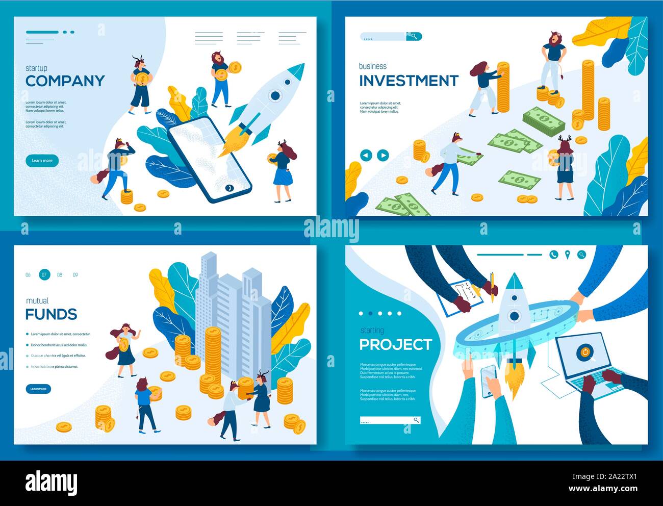 Modern illustration of investment in business project start up. Set design web page templates concepts. Website and mobile website development. Stock Vector