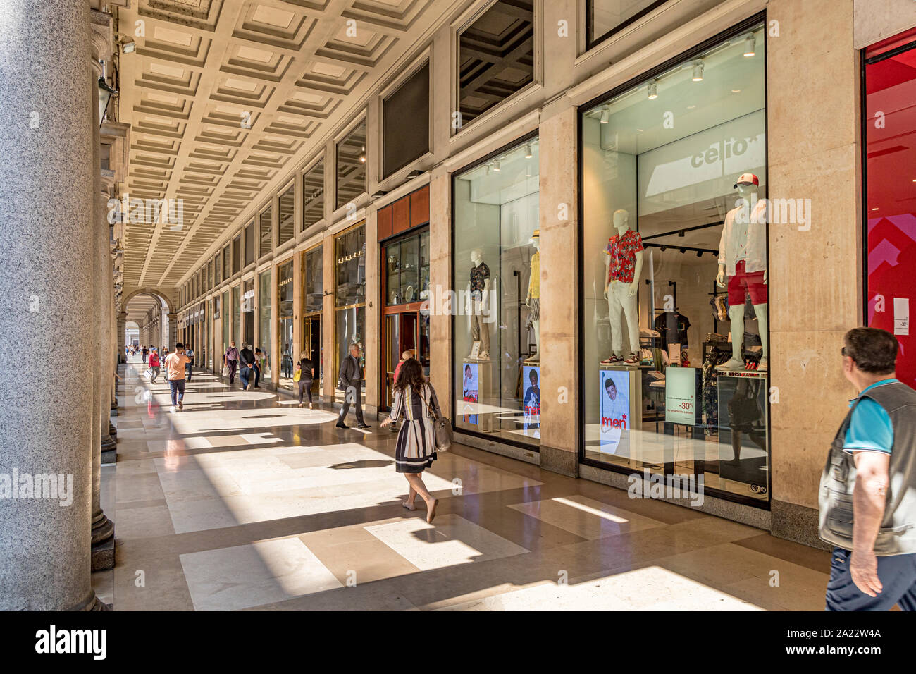 The elegant colonnades arcades of Via Roma an elegant street lined with luxury shopping in Turin ,Italy Stock Photo