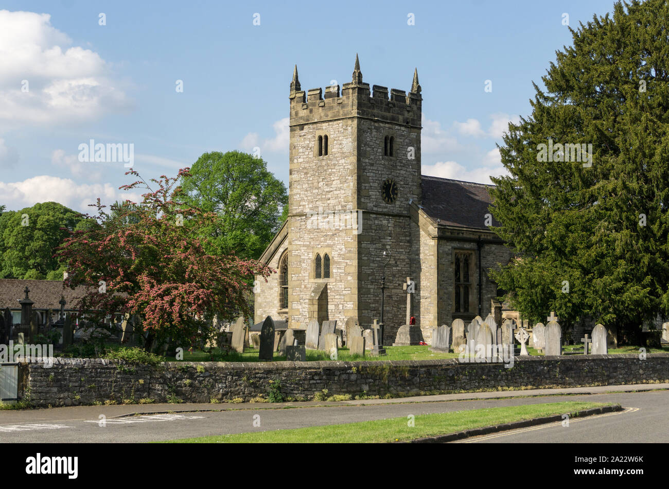 Exterior view of Holy Trinity church in the village of Ashford In The Water, Derbyshire, UK; dates from 12th century but  rebuilt in 19th century. Stock Photo