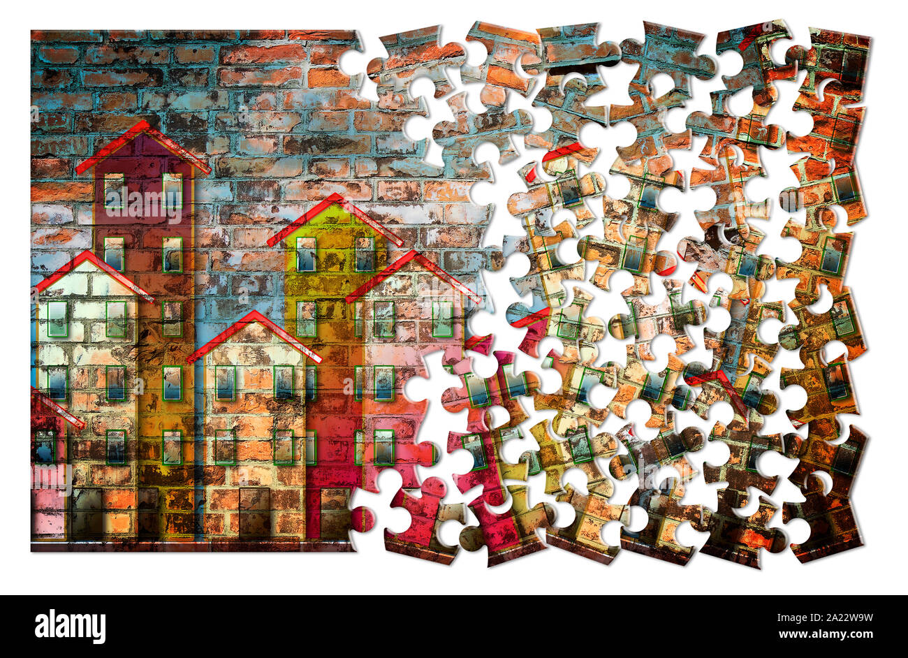 Public housing concept image painted on a brick wall puzzle shape