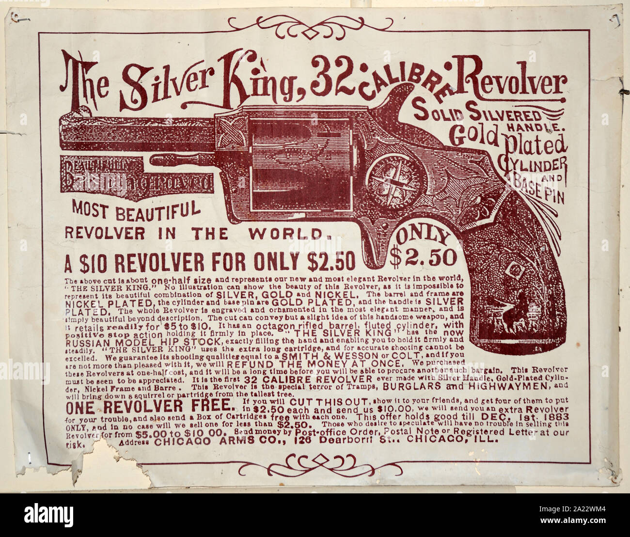 Vintage advertisement for a silver king .32 calibre revolver with a solid silvered handle and gold plated cylinder. Stock Photo