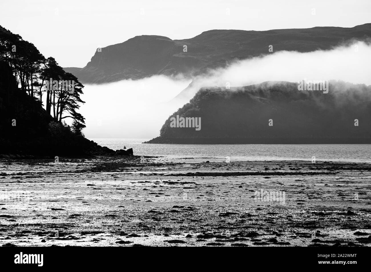 Early morning mist, Portree, Isle of Skye, Inner Hebrides, West Coast of Scotland, UK Stock Photo