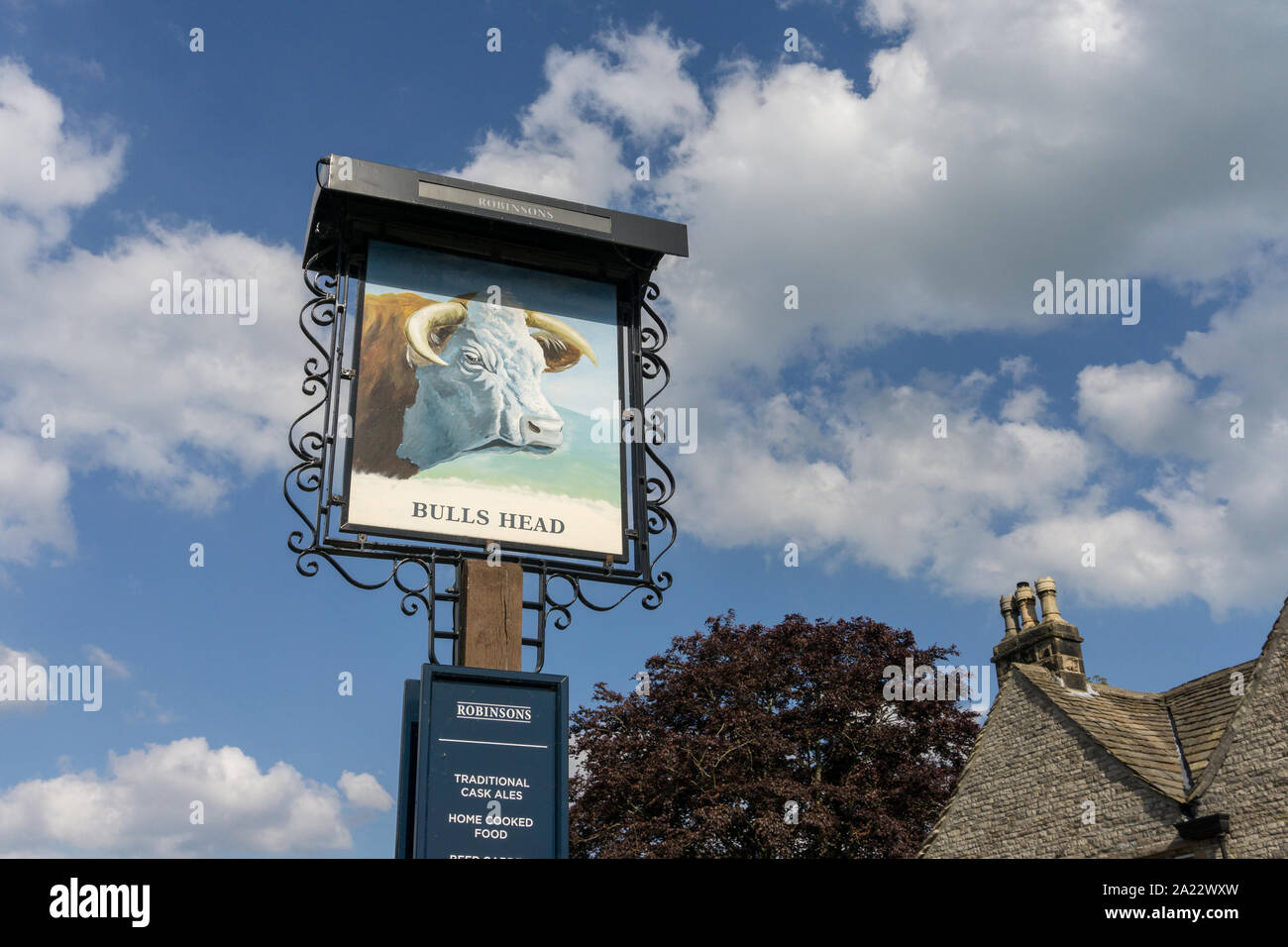 Sign for The Bull's Head pub in the village of Ashford In The Water, Derbyshire, UK Stock Photo