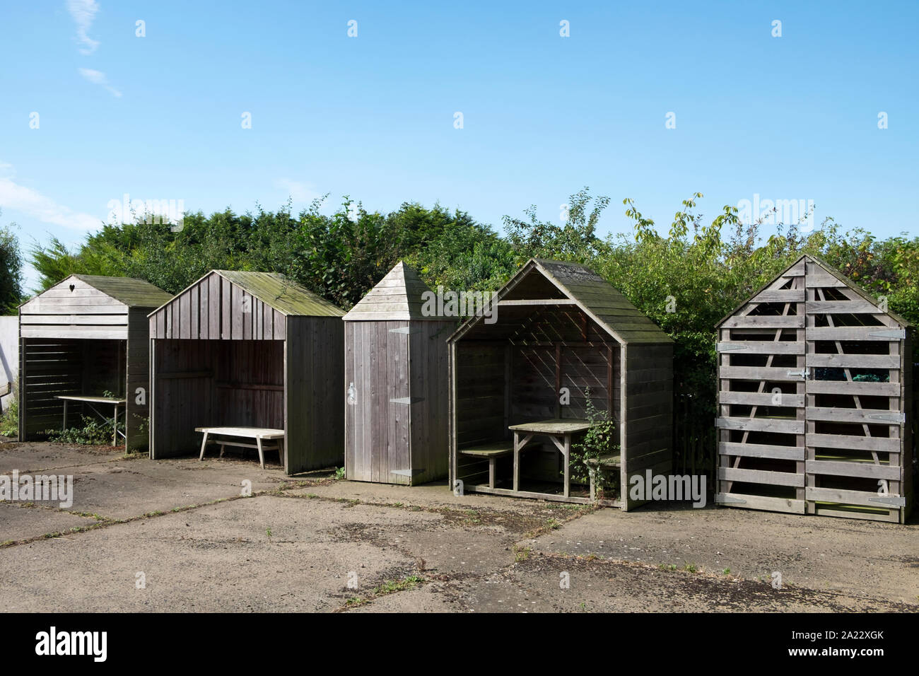 Beach hut themed wooden sheds Stock Photo