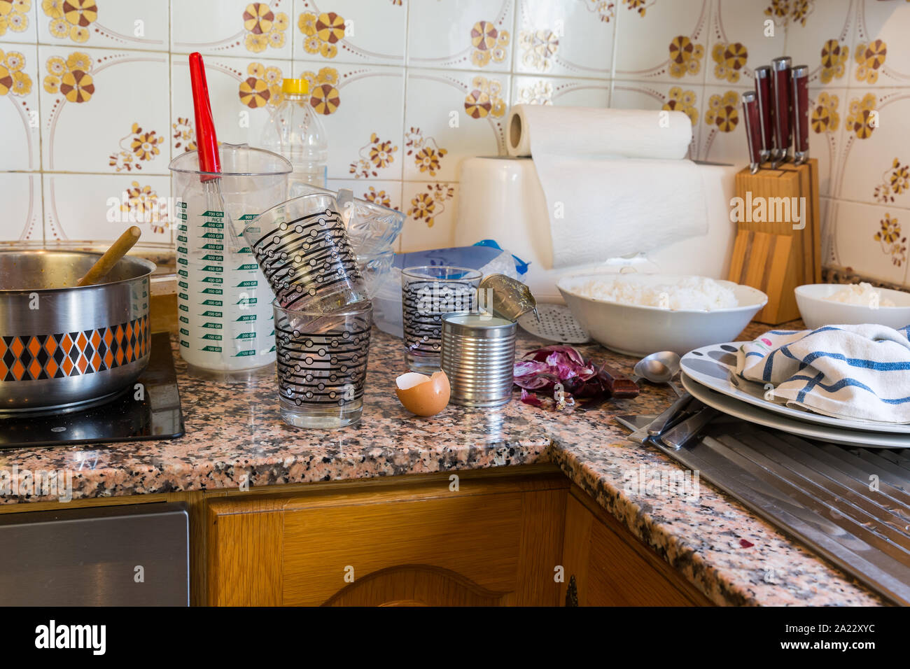 Messy kitchen in domestic household - Compulsive Hoarding Syndrom Stock Photo