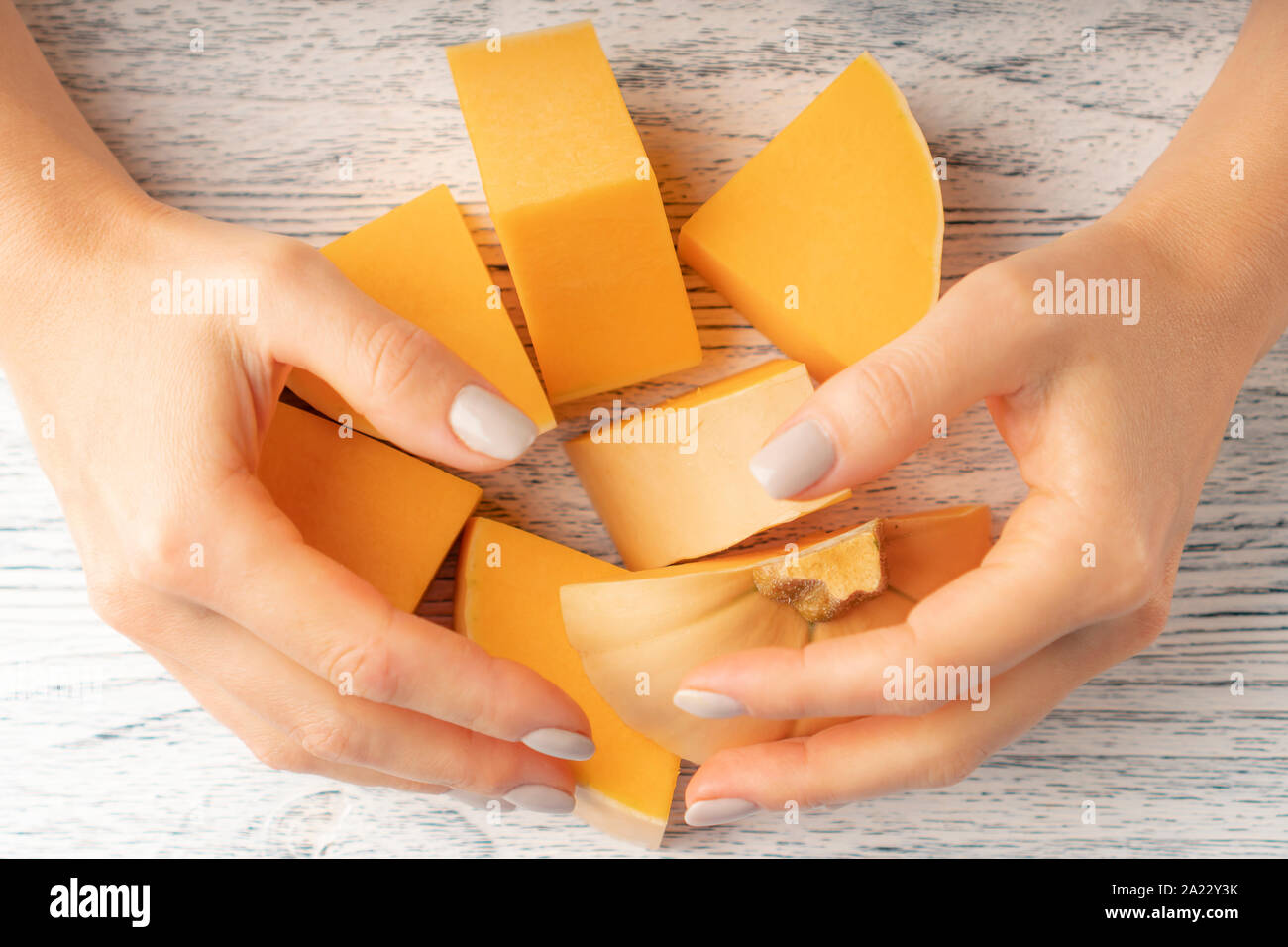 The girl rakes in two hands pieces of fresh ripe pumpkin. The concept ...