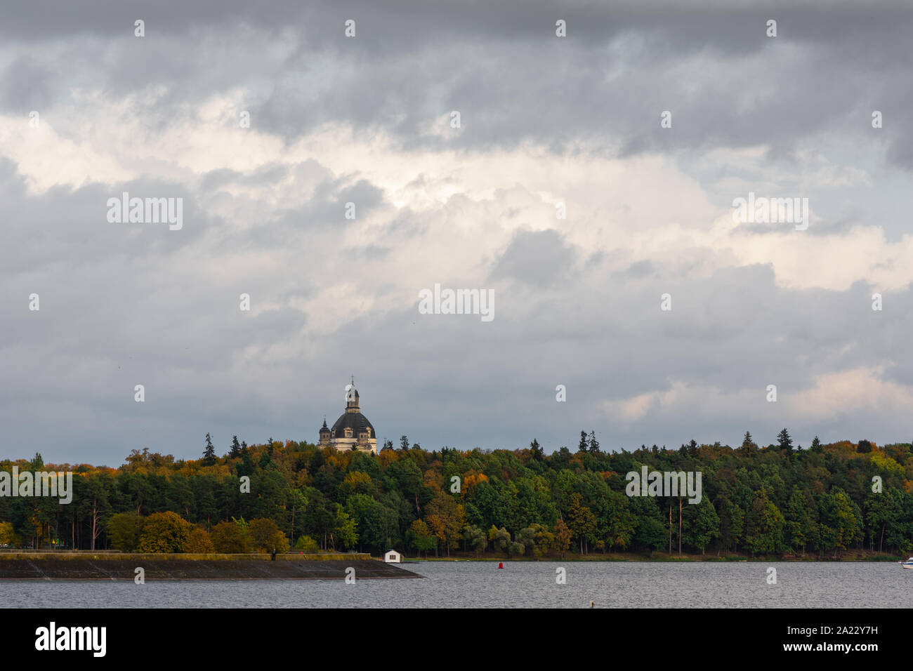 Pazaislis Monastery captured from another side of Kaunas lagoon ir autumn season. Stock Photo