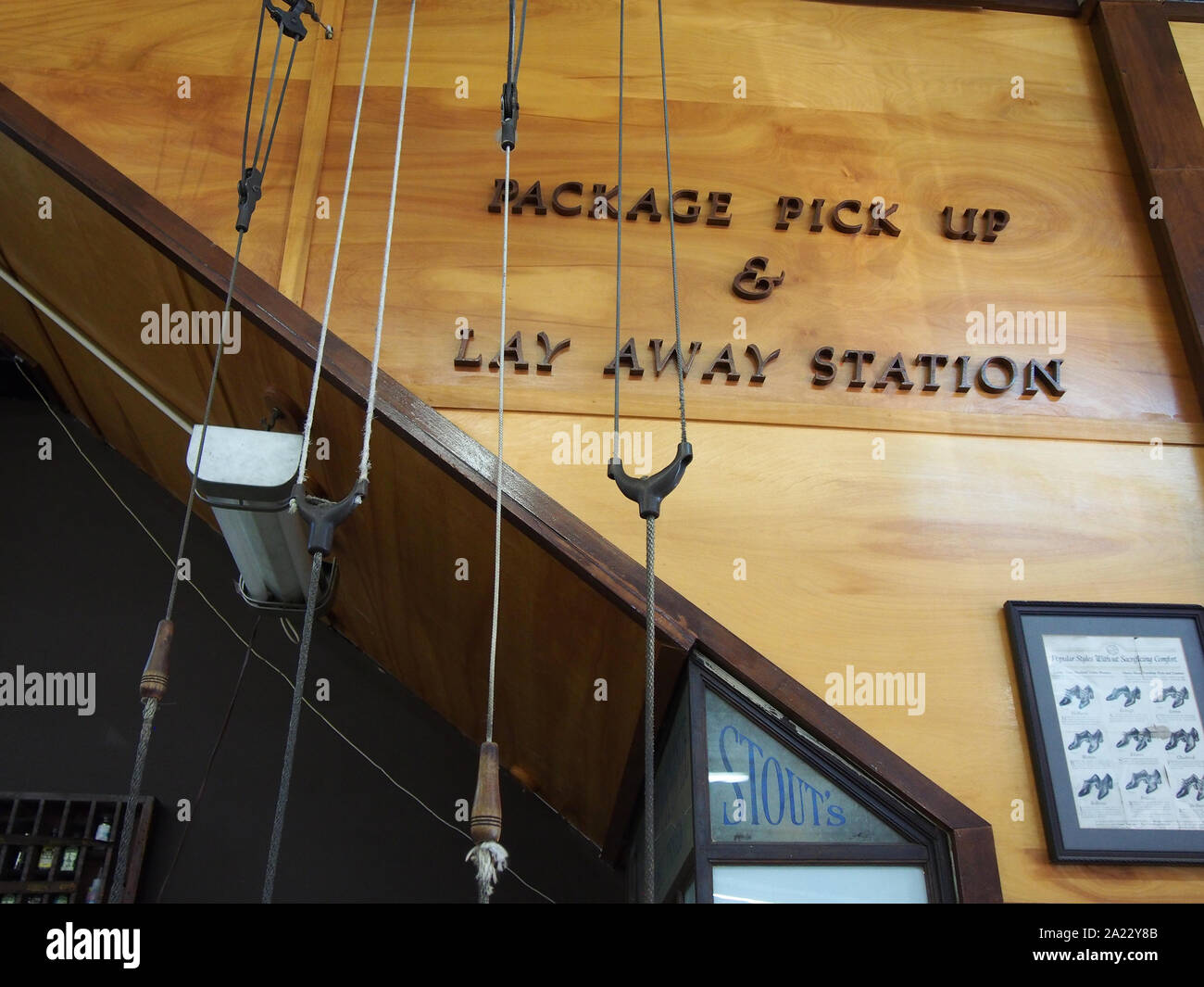 Old fashioned original pulley system still in use at Stout's Shoe Store