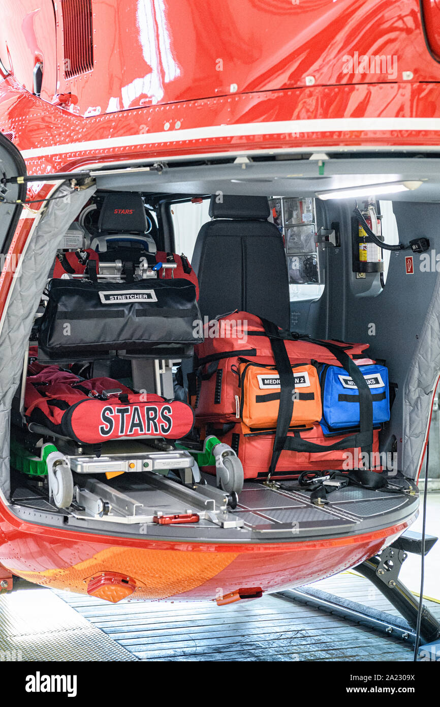 Medical equipment stored in the rear of an air ambulance helicopter Stock Photo