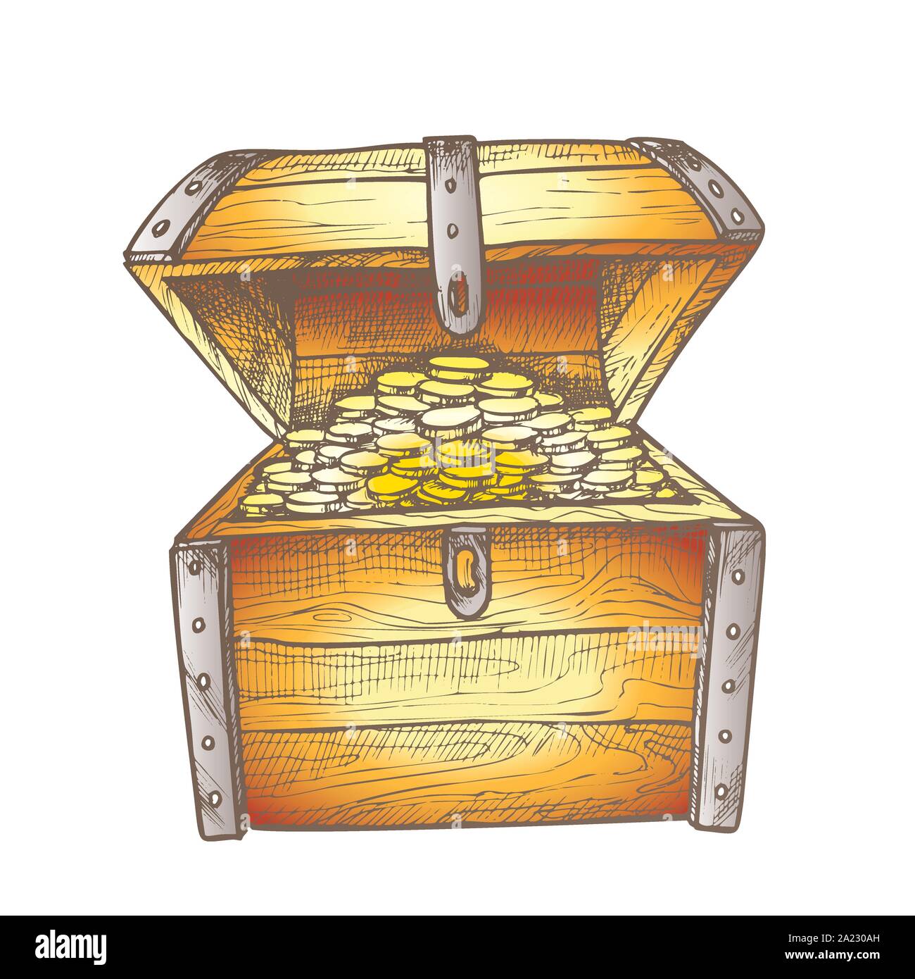 Open wooden chest full with gold coins Royalty Free Vector