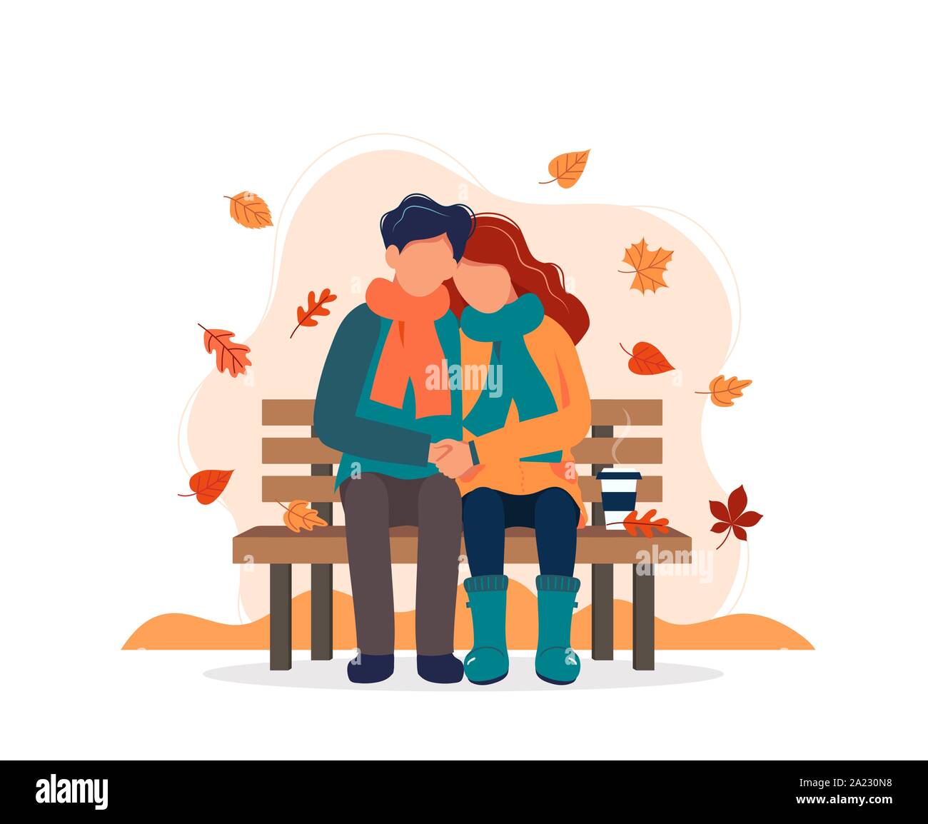 Couple sitting on bench in autumn with coffee. Vector illustration in ...