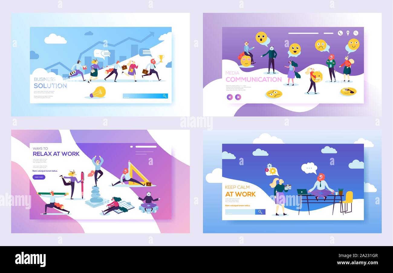 Relax at Work for Business teamwork Social Media Communication. Success Solution Landing Page Concept. Set Flat Cartoon Vector Illustration. Businessman Concentrate on Growth Idea Website or Web Page Stock Vector