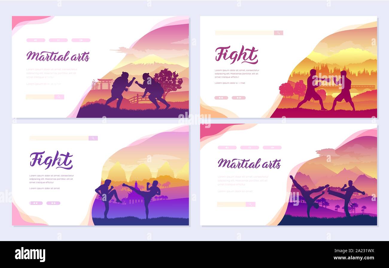 Representatives of traditional fighters from all over the world brochure cards set. Fighting style battle nature template of flyear, web banner, ui header, enter site. Layout modern slider page Stock Vector