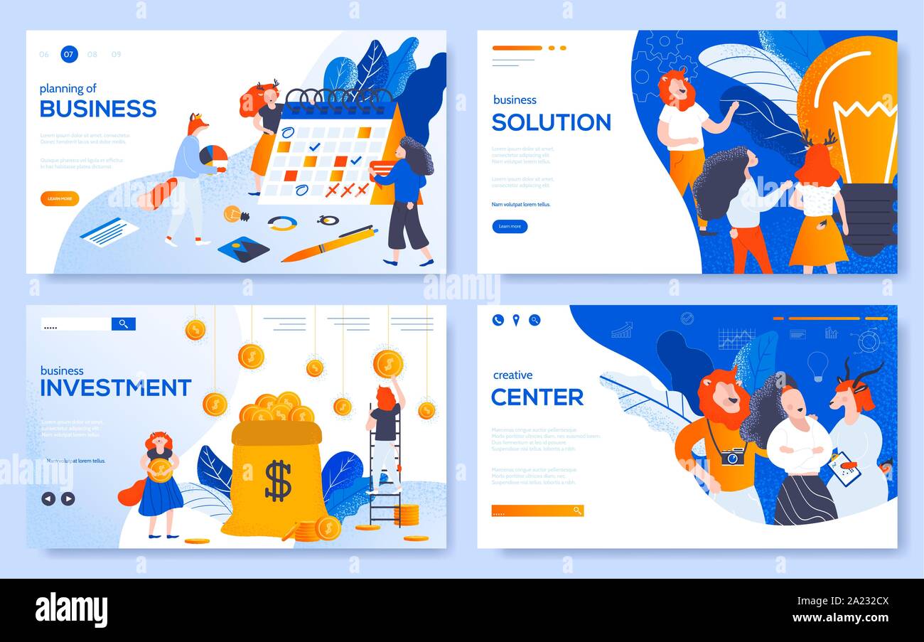 Modern Vector illustration of We have Solution, Investment and Creative center, Business planning easy to edit and customize. Set of Landing page concepts design templates for websites Stock Vector