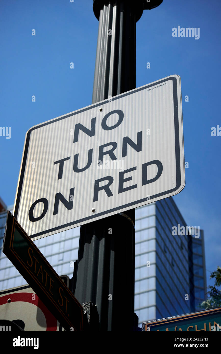 no turn on red road sign on city street downtown chicago illinois