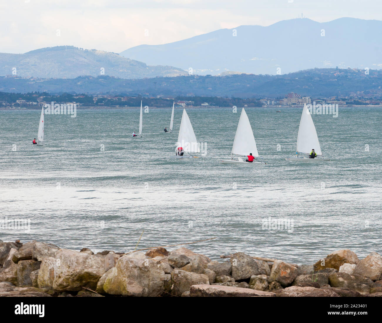 Many sailboat racing on the sea near the coast Stock Photo
