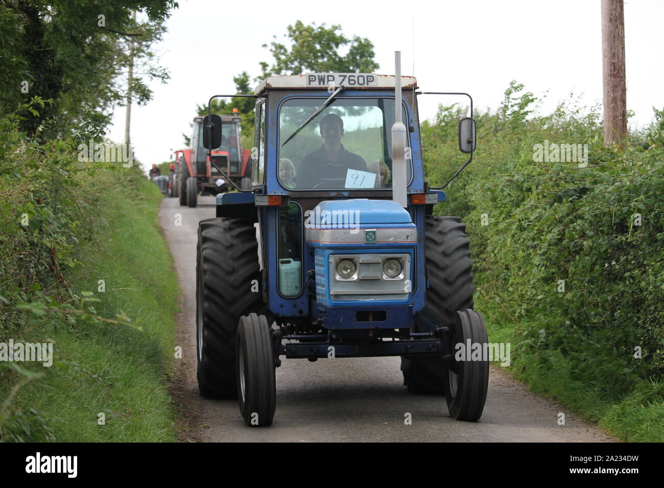 Small blue British Leyland tractor seen at a road run in Northern Ireland Stock Photo