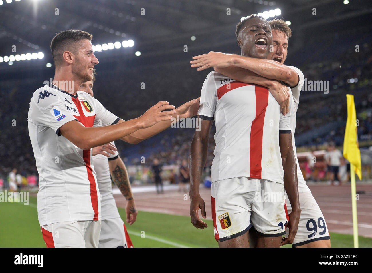 Christian Kouame Genoa celebrates after scoring a goal. Roma 25-08-2019 Stadio Olimpico Football Serie A 2019/2020  AS Roma - Genoa Photo Antonietta B Stock Photo