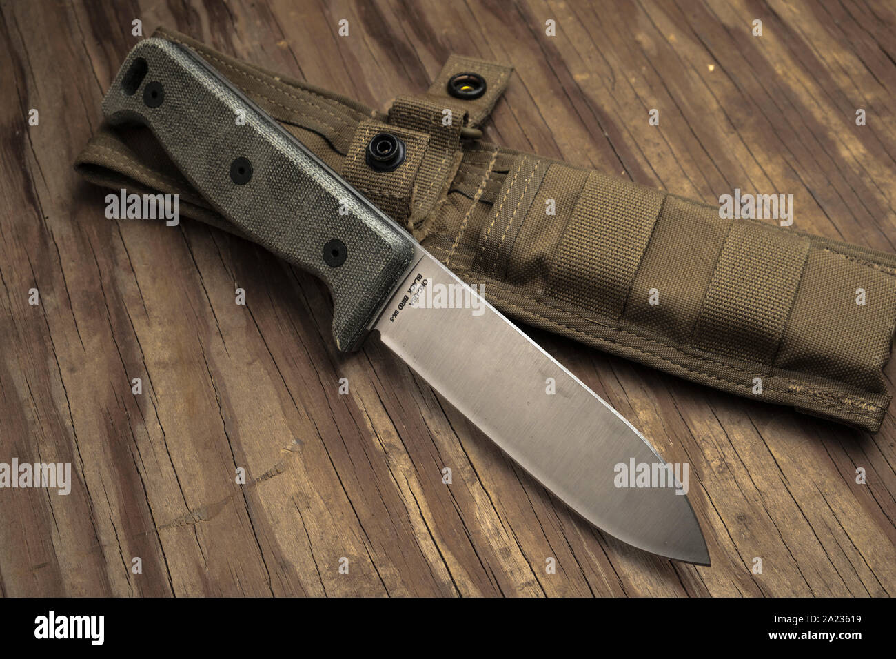 Heavy blade survival knife and carrying sheath. Stock Photo