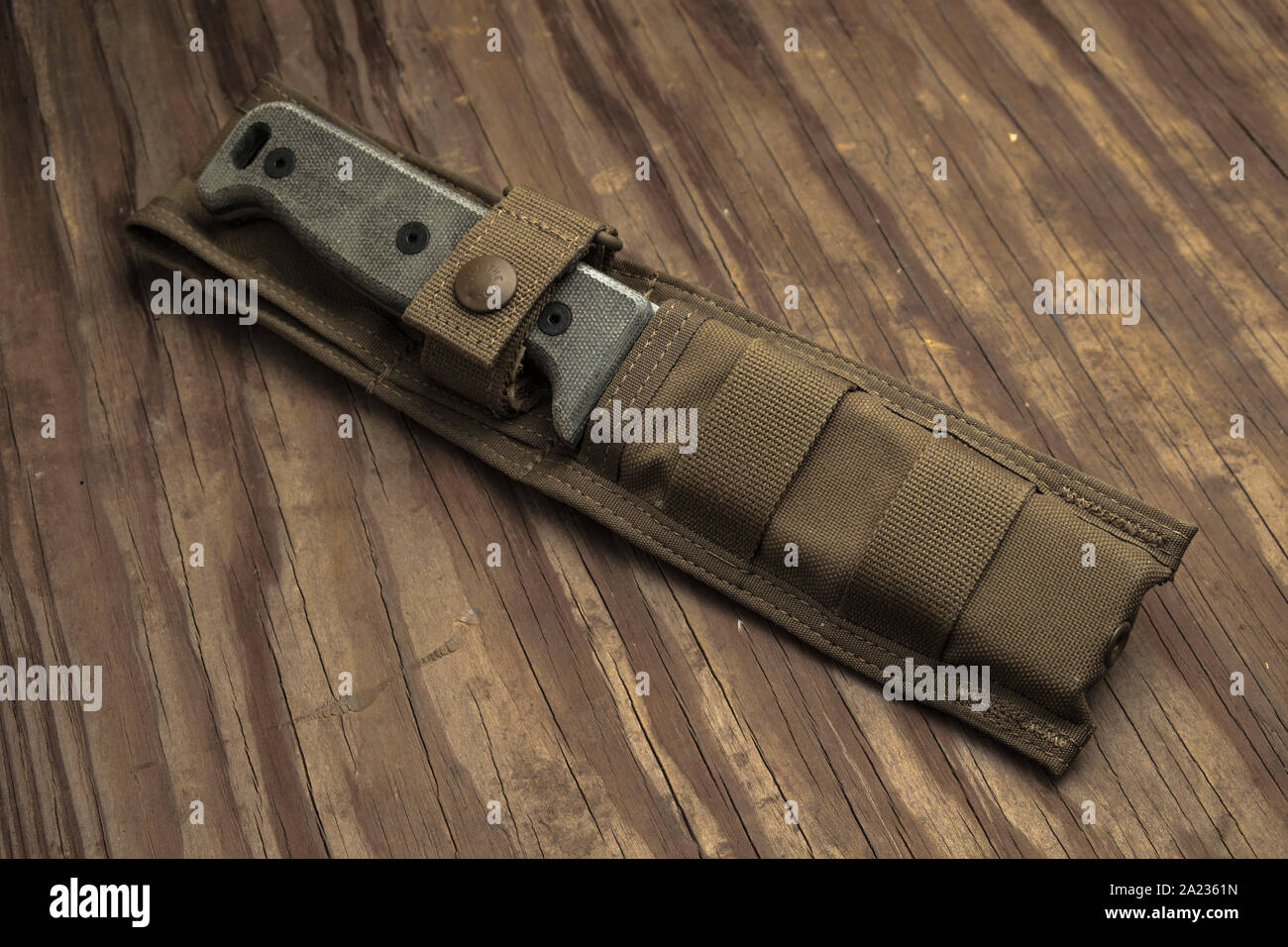 Heavy blade survival knife and carrying sheath. Stock Photo