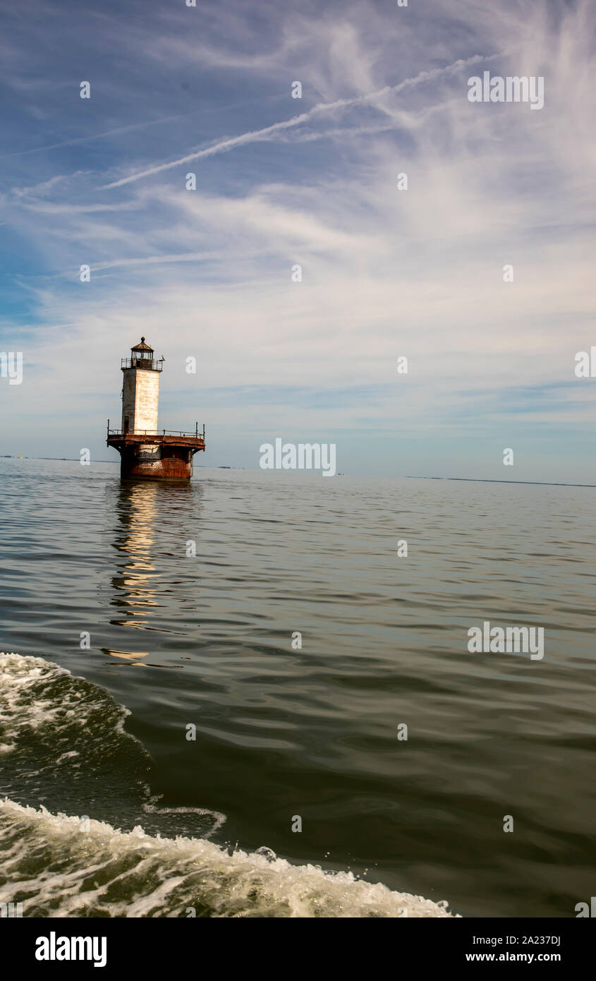 Exterior of Solomons Lump Lighthouse in Chesapeake Bay off Delmarva Penninusula. Stock Photo