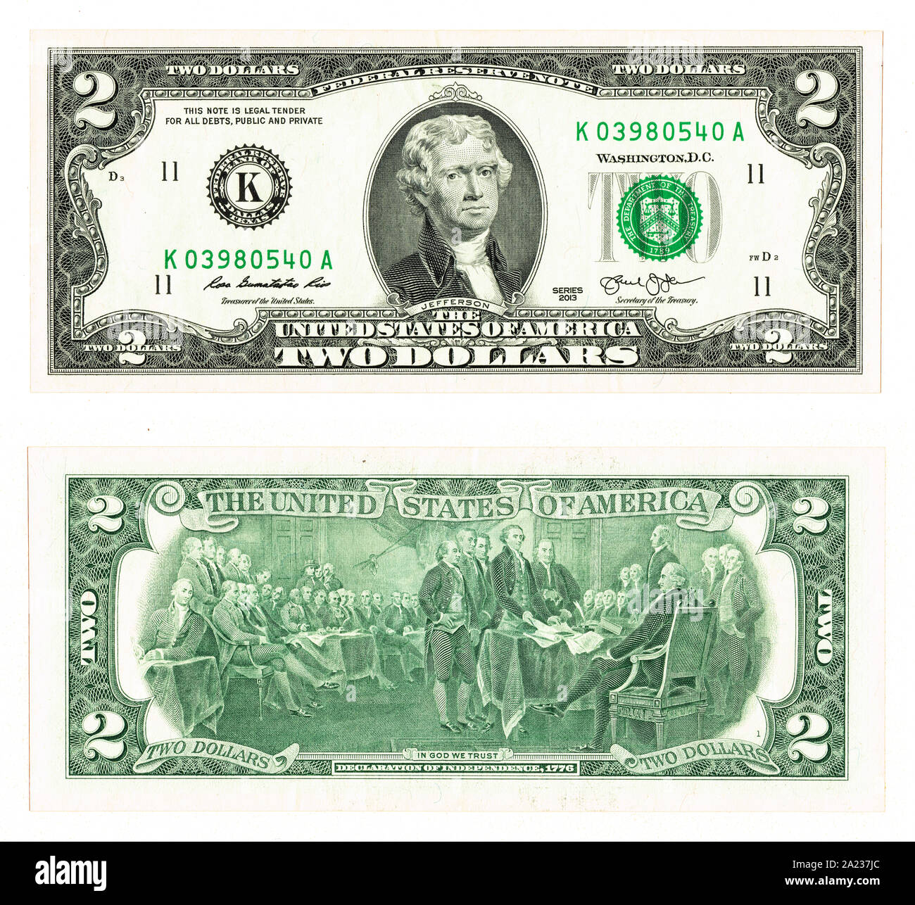 two dollar united states currency scan high resolution on a white background Stock Photo