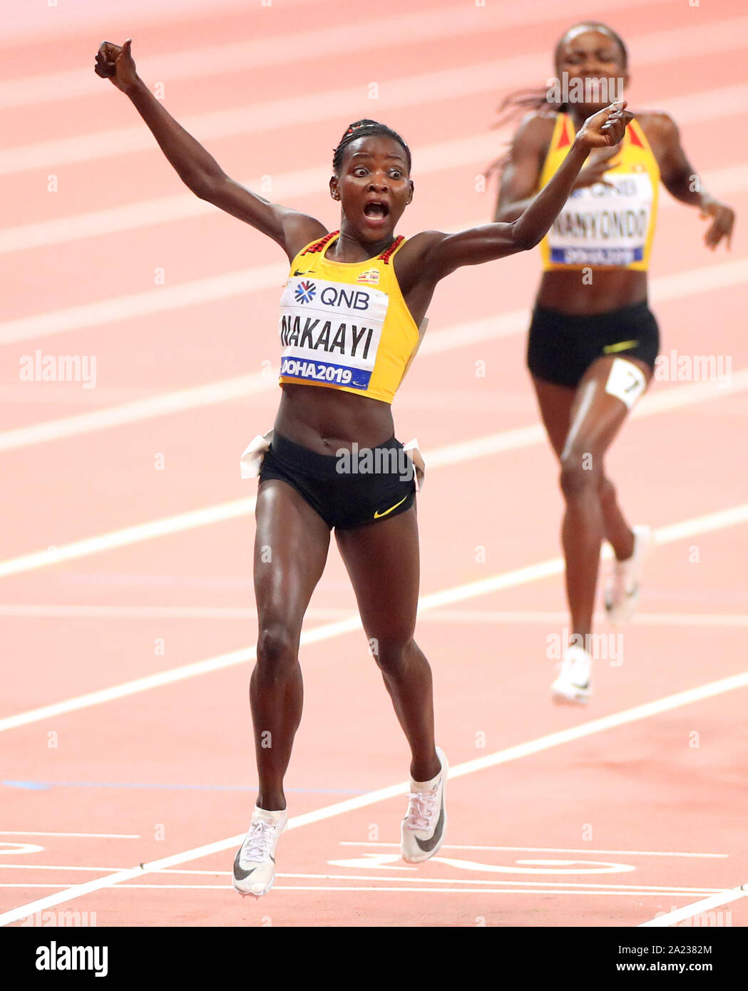 Uganda's Halimah Nakaayi celebrates winning the gold medal for the Women's 800 Metres Final during day four of the IAAF World Championships at The Khalifa International Stadium, Doha, Qatar. Stock Photo