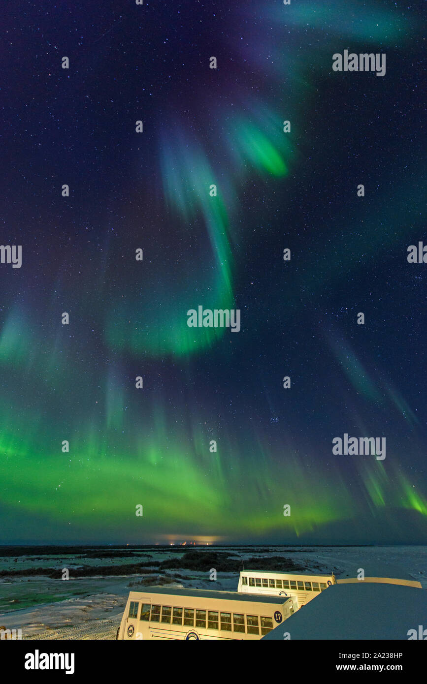 Aurora borealis display over the Tundra Buggy Lodge, Churchill
