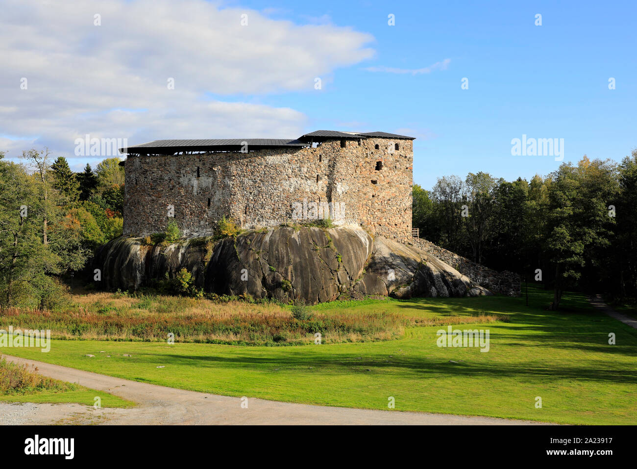 Medieval Raseborg Castle Ruins in autumn. Raseborg Castle was built in 1370s on a rock that was surrounded by water at the time. Snappertuna, Finland. Stock Photo