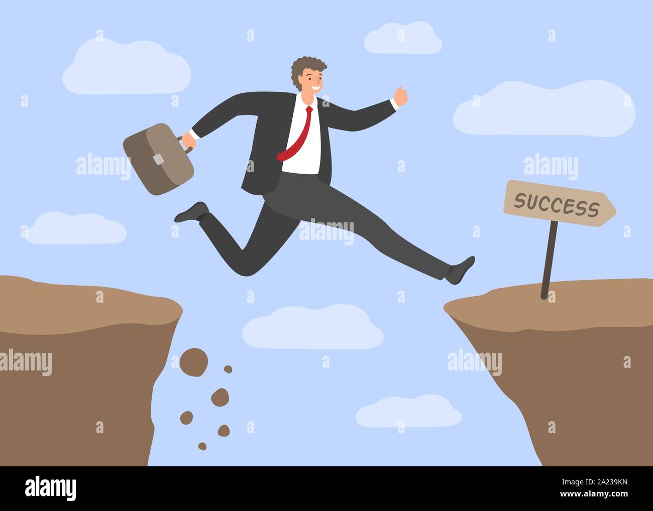 Challenges and success . Businessman Jumping over the abyss. Concept of business risks, overcoming obstacles in work, hard way to success. Vector Stock Vector