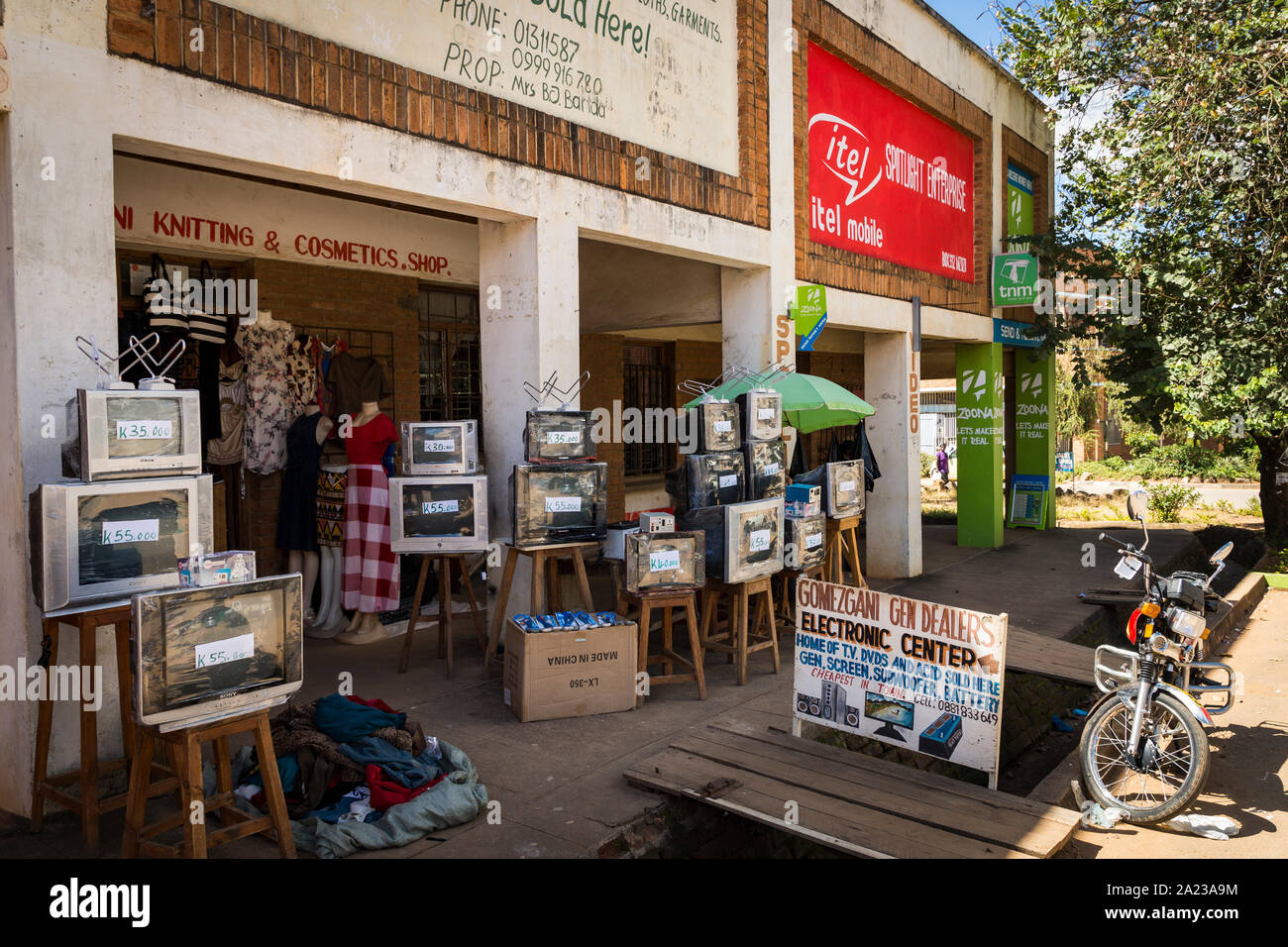 Shop selling old CRT televisions and used electronic equipment in Mzuzu, Malawi Stock Photo