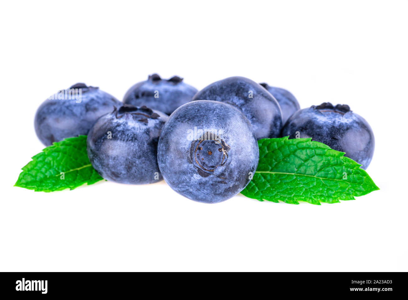 Blueberries in closeup. Fresh blueberries with mint leaves isolated on white background. Stock Photo