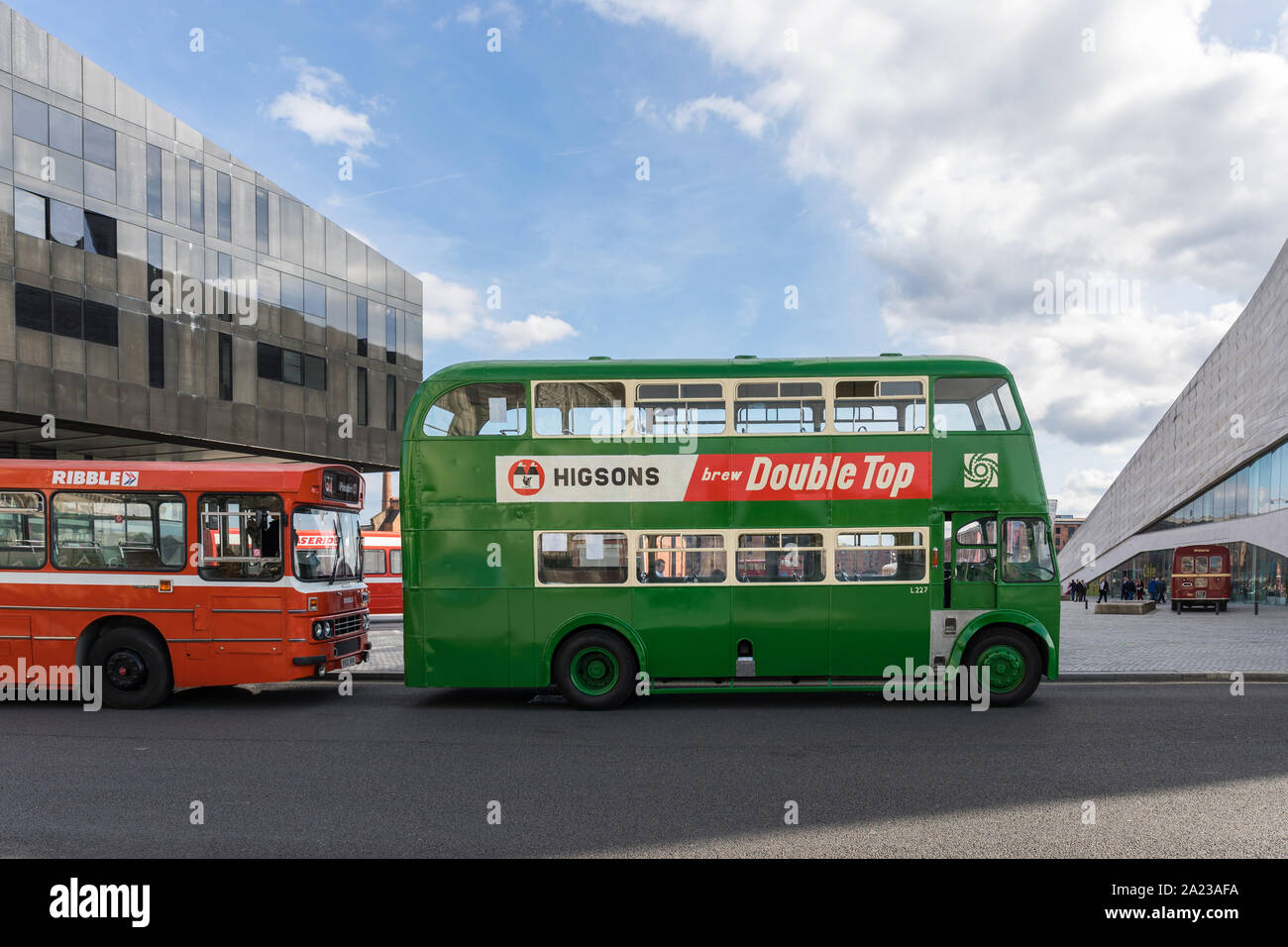 Old double decker buses at Pier Head, Liverpool, UK Stock Photo