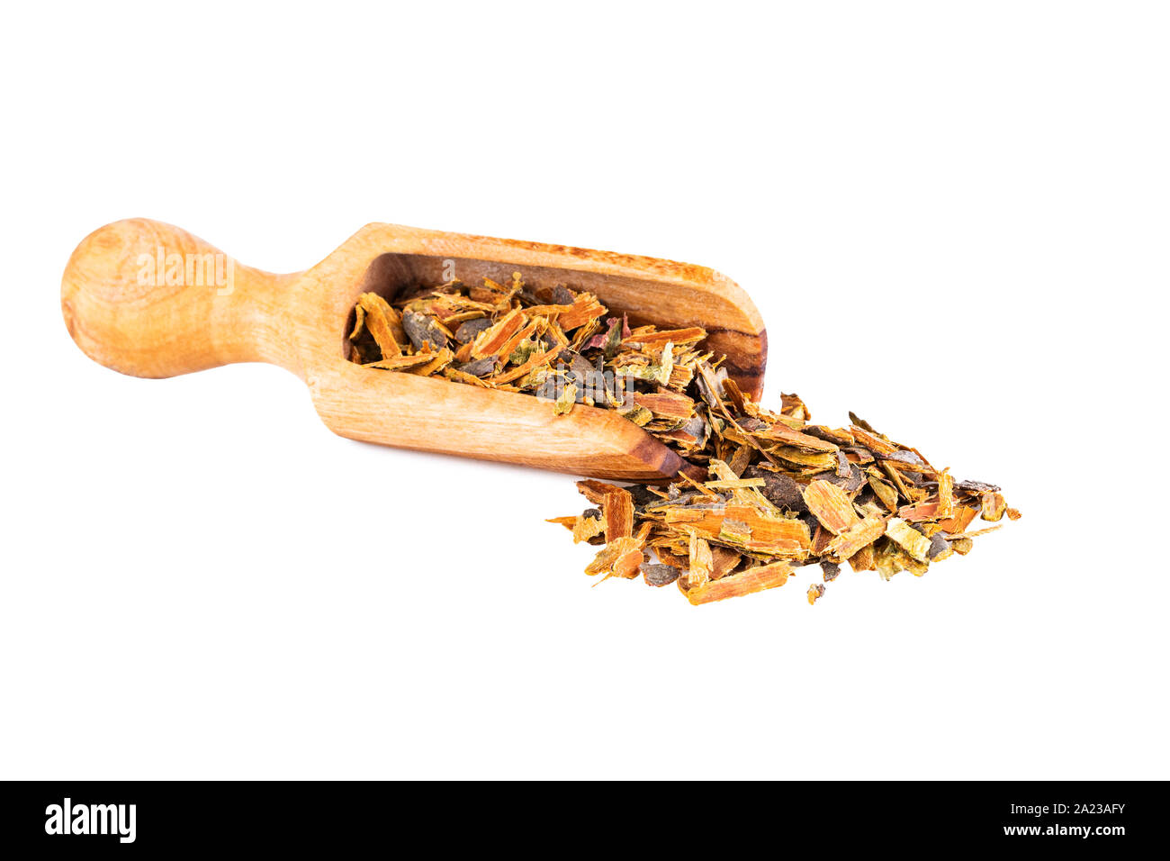 Alder Buckthorn Bark Dried Loose Herbal Tea In Wooden Scoop Isolated On White Stock Photo