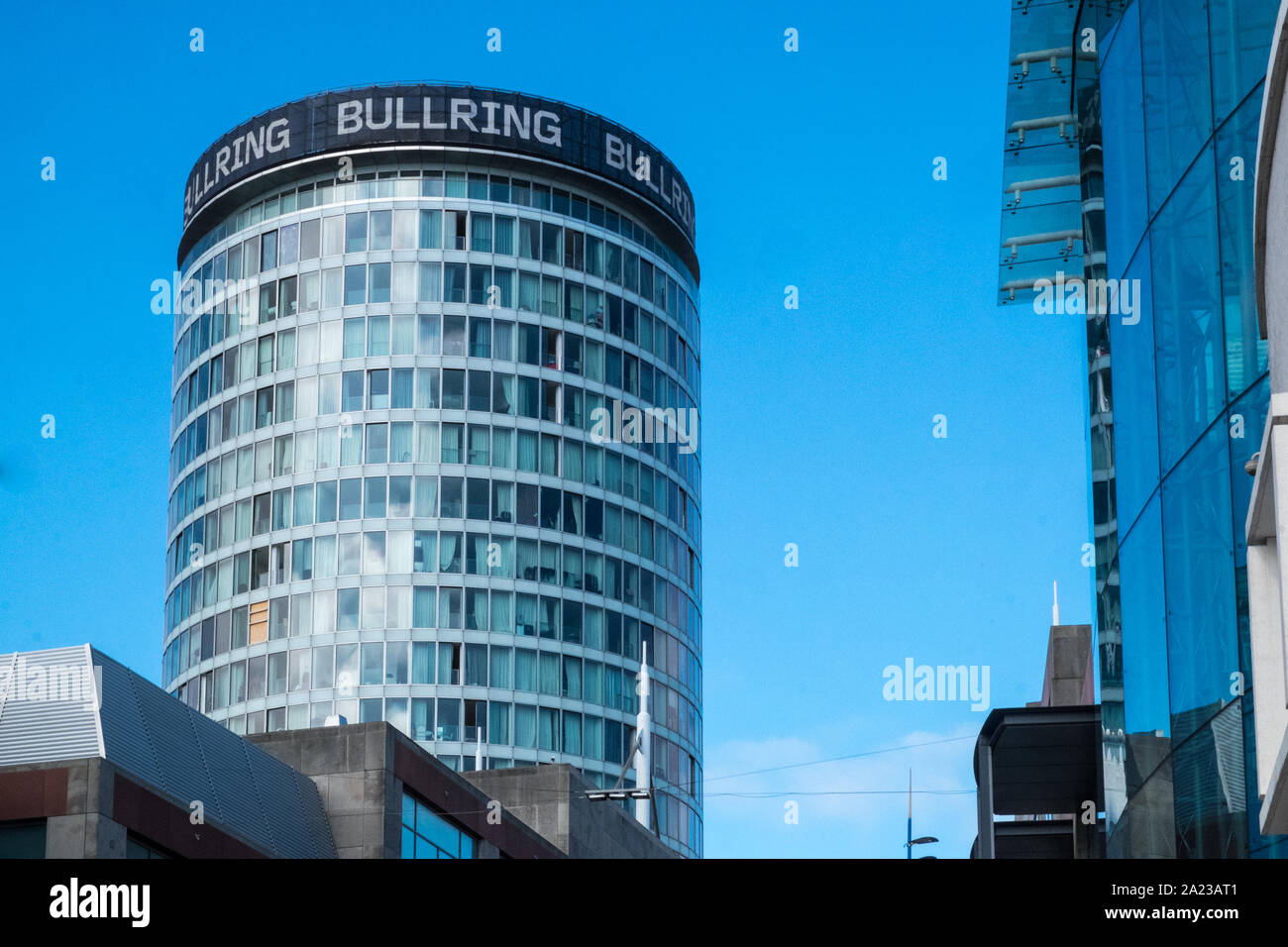 Rotunda,cylindrical,high rise,building,apartments,Bull Ring,offices,centre,of,city,of,Birmingham,West Midlands,Midlands,England,UK,GB,Britain,Europe Stock Photo