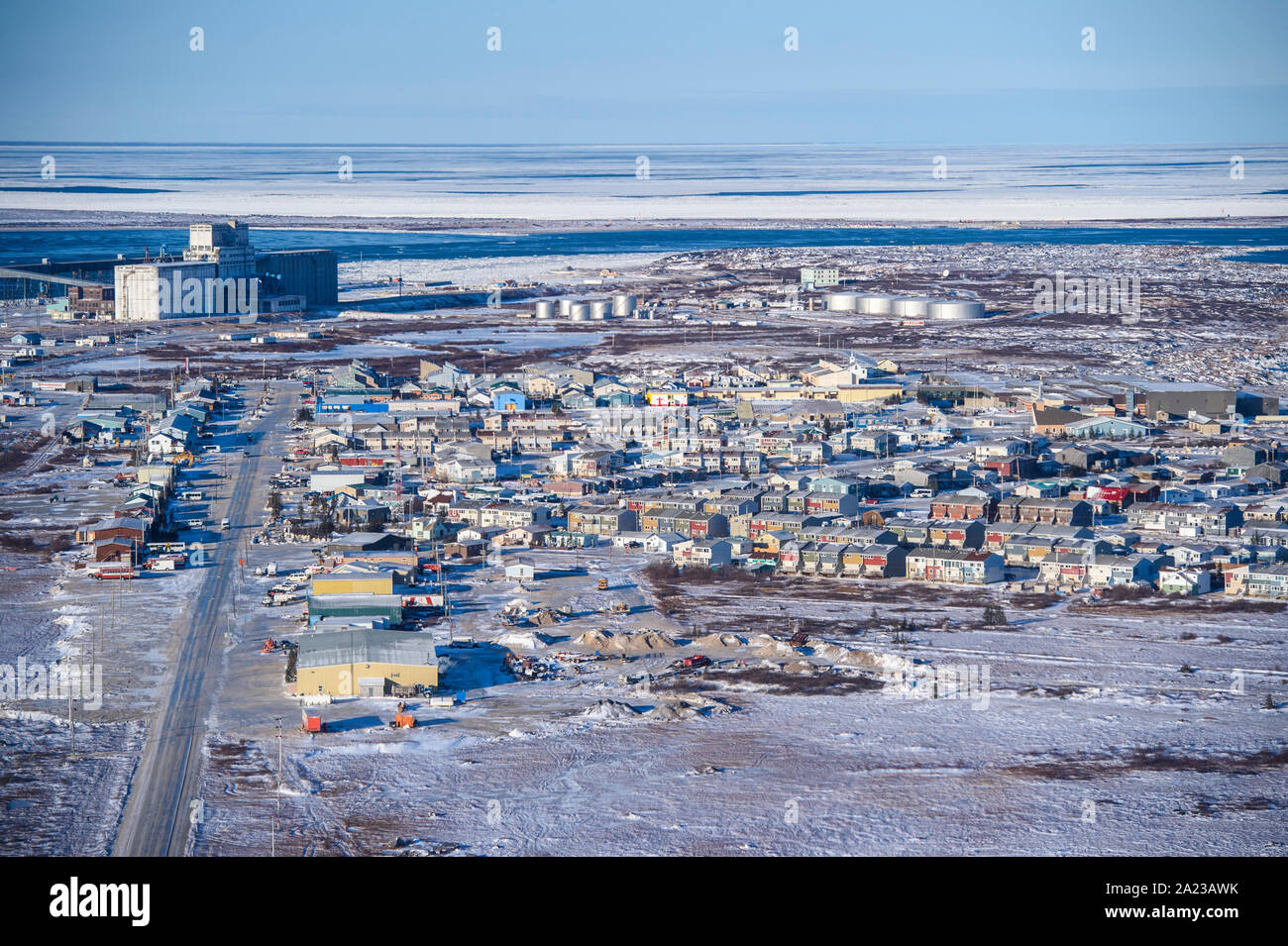 Town of Churchill from the air in early winter, Churchill, Manitoba, Canada Stock Photo