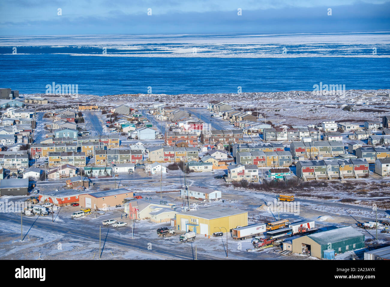 Town of Churchill from the air in early winter, Churchill, Manitoba, Canada Stock Photo